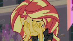 Size: 1440x803 | Tagged: safe, screencap, sunset shimmer, equestria girls, friendship games, double facepalm, facepalm, reaction image, sad, solo, sunsad shimmer