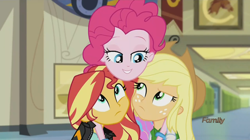 Size: 1440x805 | Tagged: safe, applejack, pinkie pie, sunset shimmer, equestria girls, friendship games, applejack the anti-shipper, bedroom eyes, now kiss, shipper on deck, shipping fuel