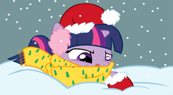 Size: 5000x2761 | Tagged: safe, artist:bri-sta, artist:somepony, derpibooru import, twilight sparkle, clothes, colored, earmuffs, filly, hat, scarf, snow, snowfall, winter