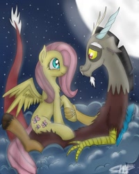 Size: 1024x1280 | Tagged: safe, artist:shadowh00f, discord, fluttershy, pegasus, pony, cloud, discoshy, female, male, shipping, straight