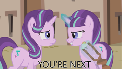 Size: 1366x768 | Tagged: safe, starlight glimmer, pony, unicorn, caption, cutie mark, duality, glowing eyes, glowing horn, image macro, looking at each other, meme, self ponidox, solo, this will end in tears and/or death, this will not end well