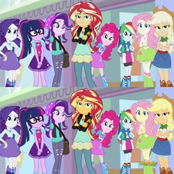 Size: 1920x1920 | Tagged: safe, derpibooru import, applejack, fluttershy, pinkie pie, rainbow dash, rarity, sci-twi, starlight glimmer, sunset shimmer, twilight sparkle, equestria girls, mirror magic, spoiler:eqg specials, comparison, discovery family logo, mane six, you had one job