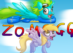 Size: 1024x741 | Tagged: safe, artist:zoiby, derpy hooves, oc, oc:pegaslut, alicorn, pony, alicorn oc, ponified, wonderbolts uniform