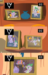 Size: 848x1328 | Tagged: safe, derpibooru import, screencap, peewee, spike, twilight sparkle, dragon, phoenix, just for sidekicks, egg, food, framed picture, hatchling, ice cream, nest, photo, text, tv rating, tv-y, twilight is not amused, unamused