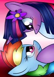 Size: 2480x3507 | Tagged: safe, artist:twidasher, derpibooru import, rainbow dash, twilight sparkle, pegasus, pony, blushing, female, flower, flower in hair, lesbian, looking at each other, shipping, twidash