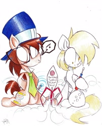Size: 2481x3078 | Tagged: dead source, safe, artist:yuji8sushi, derpy hooves, doctor whooves, earth pony, pegasus, pony, female, hat, hoof hold, kneeling, mare, music notes, necktie, pictogram, rocket, screwdriver, top hat, traditional art, whistle, whistling