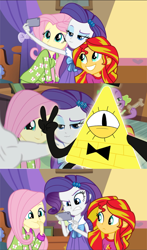 Size: 690x1170 | Tagged: safe, screencap, fluttershy, rarity, spike, sunset shimmer, dog, equestria girls, rainbow rocks, bill cipher, clothes, dog biscuit, gravity falls, meme, pajamas, peace sign, photobomb, selfie, spike the dog