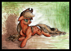 Size: 1244x888 | Tagged: safe, artist:gonedreamer, applejack, earth pony, pony, loose hair, prone, solo, traditional art