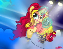 Size: 900x700 | Tagged: safe, artist:sunsetcrady, sunset shimmer, pony, unicorn, equestria girls, rainbow rocks, alternate hairstyle, equestria girls outfit, singing, solo, spotlight, telekinesis