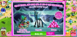 Size: 2960x1440 | Tagged: safe, bon bon, queen chrysalis, sweetie drops, changeling, changeling queen, advertisement, changeling armor, costs real money, crack is cheaper, female, gameloft, gem, greedloft, official