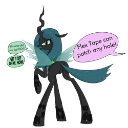 Size: 3000x3000 | Tagged: safe, artist:moonatik, queen chrysalis, changeling, changeling queen, angry, bugbutt, butt, cheeselegs, dialogue, featureless crotch, female, flex tape, implied starlight glimmer, plot, queen chrysalis is not amused, raised tail, simple background, solo, tail, tail aside, transparent background, unamused, underhoof