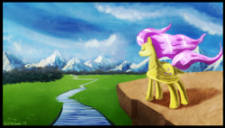 Size: 3250x1850 | Tagged: safe, artist:porkchopsammie, fluttershy, pegasus, pony, mountain, solo, wallpaper, windswept mane