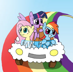 Size: 512x505 | Tagged: safe, artist:manulis, derpibooru import, fluttershy, rainbow dash, twilight sparkle, twilight sparkle (alicorn), alicorn, pegasus, pony, car, cloud, driving, female, grin, mare, open mouth, power wheels, rainbow, rainbow road, riding, sitting, sky, smiling, trio, what is love