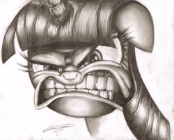 Size: 3042x2446 | Tagged: safe, artist:megaphonnic, derpibooru import, twilight sparkle, angry, monochrome, solo, teeth, traditional art