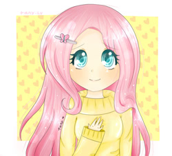 Size: 937x852 | Tagged: safe, artist:tany-lu, fluttershy, human, clothes, cute, female, hair accessory, humanized, looking at you, solo, sweater