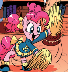 Size: 335x355 | Tagged: safe, idw, pinkie pie, earth pony, pony, spoiler:comic, alternate hairstyle, cheerleader, cute, diapinkes, official comic, pom pom, solo