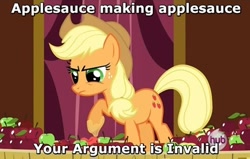 Size: 500x317 | Tagged: safe, edit, edited screencap, screencap, applejack, earth pony, pony, magic duel, apple, applesauce, female, food, hub logo, image macro, mare, solo