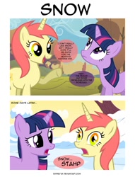 Size: 782x1022 | Tagged: safe, artist:eipred, derpibooru import, twilight sparkle, oc, comic, snow, stahp