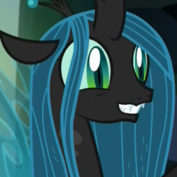 Size: 807x807 | Tagged: safe, screencap, ocellus, queen chrysalis, changedling, changeling, changeling queen, what lies beneath, cropped, cute, cutealis, diaocelles, disguise, disguised changeling, dork, dorkalis, fake chrysalis, fangs, female, floppy ears, implied chrysalis, nightmare cave, smiling, when she smiles, wide eyes