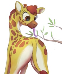 Size: 1072x1278 | Tagged: safe, artist:raikoh, derpibooru import, clementine, giraffe, fluttershy leans in, colored, eating, long tongue, plot, simple background, solo, strategically covered, tongue out, white background