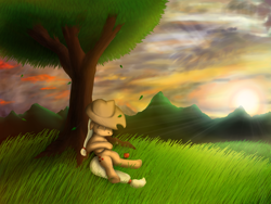 Size: 1600x1200 | Tagged: safe, artist:masdragonflare, applejack, earth pony, pony, apple, food, grass, sleeping, solo, tree