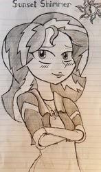 Size: 2988x5069 | Tagged: safe, artist:missmayaleanne, sunset shimmer, equestria girls, grayscale, lined paper, monochrome, sketch, solo, traditional art