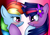 Size: 1024x724 | Tagged: safe, artist:twidasher, derpibooru import, editor:shimmering blaze, rainbow dash, twilight sparkle, pegasus, pony, blushing, female, flower, flower in hair, lesbian, looking at each other, shipping, twidash