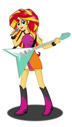 Size: 1286x2264 | Tagged: safe, artist:deannaphantom13, sunset shimmer, equestria girls, friendship through the ages, bracelet, clothes, flying v, guitar, looking at you, microphone, open mouth, shine like rainbows, simple background, singing, sleeveless, smiling, solo, transparent background, wristband