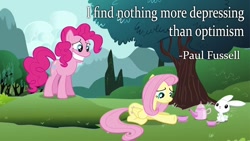 Size: 800x450 | Tagged: safe, artist:wisdomhoof, angel bunny, fluttershy, pinkie pie, earth pony, pegasus, pony, quote