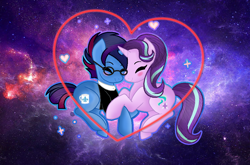 Size: 1030x680 | Tagged: safe, artist:bloodlover2222, starlight glimmer, oc, oc:marquis majordome, pony, unicorn, canon x oc, commission, cute, cutie mark, glasses, happy, heart, horn, love, mane, nuzzling, shipping, snuggling, space, stardome, stars, tail