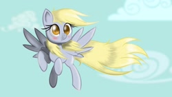 Size: 1920x1080 | Tagged: safe, artist:deathnyan, derpy hooves, pegasus, pony, blushing, cloud, cloudy, female, mare, solo, wallpaper, windswept mane