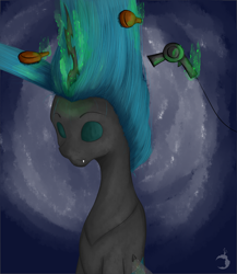 Size: 2000x2300 | Tagged: safe, artist:ruanshi, queen chrysalis, changeling, changeling queen, abstract background, brushing, bust, eyes closed, female, glowing horn, hair dryer, hairbrush, magic, solo, telekinesis