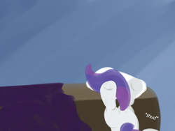 Size: 1280x960 | Tagged: safe, rarity, pony, unicorn, bed, falling, female, mare, onomatopoeia, pillow, solo, sound effects, theponyvillediaries, upside down