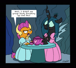 Size: 1945x1743 | Tagged: safe, artist:bobthedalek, ocellus, queen chrysalis, smolder, changeling, changeling queen, dragon, what lies beneath, cave, clothes, cup, dialogue, disguise, disguised changeling, dress, female, princess smolder, smolder is not amused, speech, table, tea party, teacup, teapot, unamused