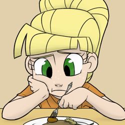 Size: 600x600 | Tagged: safe, artist:thelivingmachine02, applejack, the cutie mark chronicles, colored, food, fork, humanized, manehatten applejack