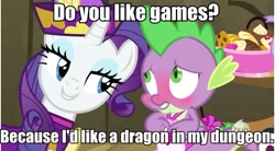 Size: 635x351 | Tagged: safe, edit, edited screencap, screencap, rarity, spike, dragon, pony, unicorn, dragon quest, apron, blushing, caption, clothes, dungeons and dragons, female, hub logo, image macro, male, mare, meme, rarity's bad pickup lines, shipping, sparity, straight