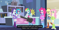 Size: 1600x830 | Tagged: safe, derpibooru import, screencap, applejack, dj pon-3, fluttershy, pinkie pie, rainbow dash, rarity, vinyl scratch, equestria girls, guitar centered, rainbow rocks, humane five, italian, meme, youtube caption