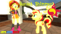 Size: 1280x720 | Tagged: safe, artist:jefejuandavid, sunset shimmer, pony, unicorn, equestria girls, 3d, human ponidox, self ponidox, source filmmaker