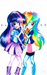 Size: 2055x3258 | Tagged: safe, artist:liaaqila, derpibooru import, rainbow dash, twilight sparkle, equestria girls, boots, clothes, compression shorts, female, lesbian, shipping, shoes, shorts, skirt, smiling, traditional art, twidash