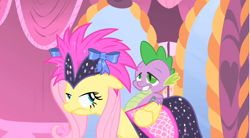 Size: 856x474 | Tagged: safe, screencap, fluttershy, spike, dragon, pegasus, pony, green isn't your color, angry, fluttershy is not amused, unamused