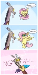 Size: 550x1080 | Tagged: safe, artist:keterok, discord, fluttershy, draconequus, pegasus, pony, bipedal, blushing, comic, cute, dialogue, discoshy, discute, female, frown, gritted teeth, heart attack, hiding, hnnng, male, mare, open mouth, peekaboo, shipping, shyabetes, smiling, straight, wide eyes, wing hands