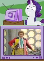Size: 563x771 | Tagged: safe, rarity, pony, unicorn, cheque, clothes, colin baker, cravat, doctor who, exploitable meme, fashion disaster, frock coat, meme, polka dots, shirt, sixth doctor, tacky, tartan, the explosion in a rainbow factory, trousers, tv meme, waistcoat