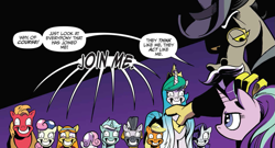 Size: 1105x596 | Tagged: safe, artist:andypriceart, idw, accord, applejack, big macintosh, bon bon, discord, lyra heartstrings, princess celestia, rarity, starlight glimmer, sweetie belle, sweetie drops, zecora, alicorn, earth pony, pony, unicorn, zebra, accord (arc), chaos theory (arc), conclusion: and chaos into the order came, spoiler:comic, spoiler:comic50, hive mind, male, wheat grass