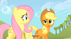 Size: 640x355 | Tagged: safe, screencap, applejack, fluttershy, earth pony, pegasus, pony, the return of harmony, youtube caption