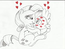 Size: 2261x1700 | Tagged: safe, artist:1motorhead1, rarity, spike, dragon, pony, unicorn, female, heart, kiss mark, kissing, lipstick, male, shipping, sparity, straight