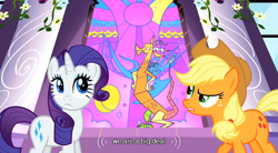 Size: 640x354 | Tagged: safe, screencap, applejack, discord, rarity, earth pony, pony, unicorn, the return of harmony, stained glass, youtube caption