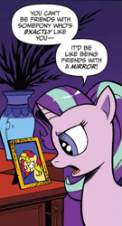 Size: 337x622 | Tagged: safe, artist:andypriceart, idw, starlight glimmer, sunset shimmer, pony, unicorn, accord (arc), chaos theory (arc), conclusion: and chaos into the order came, spoiler:comic, spoiler:comic50, >:), andy you magnificent bastard, counterparts, debate in the comments, evil grin, irony, smiling, smirk, speech bubble, sunset vs starlight debate, twilight's counterparts