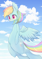 Size: 914x1280 | Tagged: safe, artist:91o42, derpibooru import, rainbow dash, pegasus, pony, flying, solo, spread wings, wings