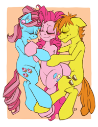 Size: 768x1000 | Tagged: safe, artist:stoney pony, carrot cake, cup cake, pinkie pie, earth pony, pony, cakepie, carrotpie, cute, diapinkes, hug, hug sandwich, ot3, shipping