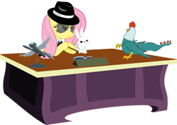 Size: 1061x752 | Tagged: safe, artist:pinkiepizzles, angel bunny, fluttershy, cockatrice, pegasus, pony, desk, mafia, mob boss